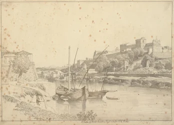 Vista del Tíber en Porto di Ripa Grande fuera de Porta Portese hacia Marmorata y las iglesias en Monte Aventino, Roma