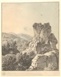 Vista desde Harzen, desde Teufelsmauer, el castillo de Blankenburg al fondo