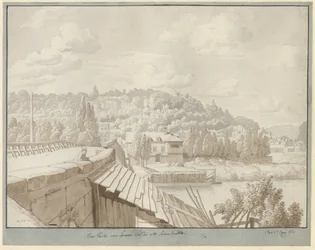 Vista desde Sèvres del antiguo puente del Sena con el parque en Saint Cloud al fondo