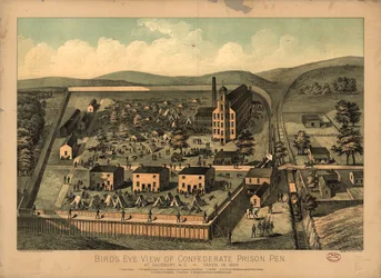 Vista de pájaro del corral de la prisión confederada en Salisbury, N.C., tomada en 1864