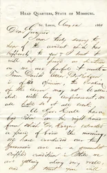 Carta firmada por C.C. Bailey, Cuartel General, Estado de Missouri, St. Louis, al Gobernador [Hamilton R. Gamble], 12 de agosto de 1863