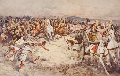 La batalla de Issus, ilustración de "The Outline of History" de H.G. Wells, Volumen I, publicado en 1920 (litografía en color).