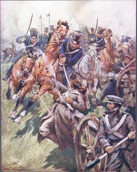 Cosacos y rusos a golpe de sable, ilustración de "Ballads of Famous Fights", c.1900 (litografía en color).