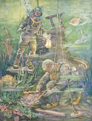 Buceadores encuentran un tesoro hundido, c.1890s (litografía en color)