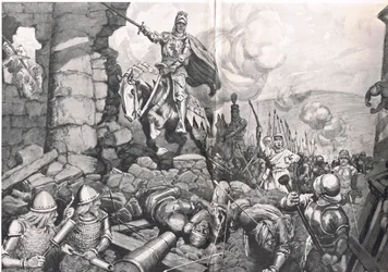 Enrique V en el sitio de Harfleur, ilustración de "British Battles on Land and Sea", publicado por Cassell, Londres, hacia 1910 (litografía).