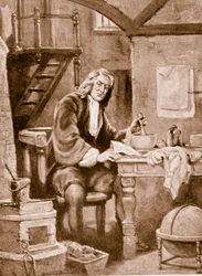 Sir Isaac Newton en su pequeña habitación (litografía)