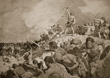 La batalla del monte Badonicus, hacia 500 d. C., ilustración de «The History of the Nation»