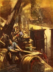 La construcción del Canal de Panamá (litografía en color)