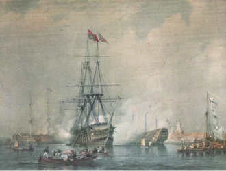 HMS Victory disparando un saludo real en el puerto de Portsmouth, de British Adventure publicado por Collins, 1947