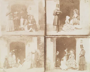 Hoja de contacto de cuatro retratos grupales en una puerta, ca. 1850