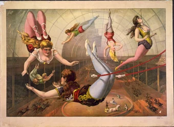 Acróbatas femeninas en trapecios en el circo, c. 1890