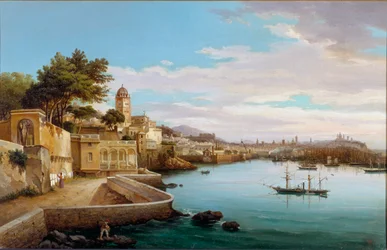 Vista del puerto de Génova (Vista del puerto de Génova, Italia) Pintura de Cambiaso (siglo XIX) Génova, Galería de Arte Moderno