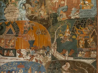 Las diez últimas vidas anteriores del Boudha (Dasa Jakata) (detalle). Camboya, segunda mitad del siglo XVIII. Pintura