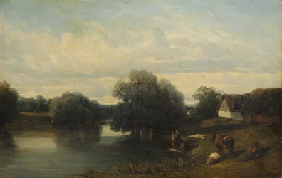 Cabaña junto al río con lavanderas