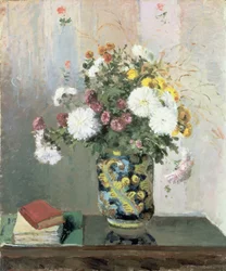 Ramo de flores, crisantemos en un jarrón chino