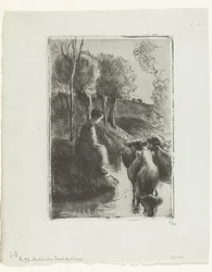 Pastora con vacas junto al agua Vachere au bord de l