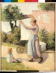 Mujer extendiendo ropa. Pintura de Camille Pissarro (1830-1903) 1887. Dim. 0,41 x 0,32 m. París, Museo de Orsay