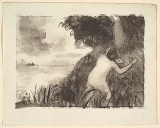Bañista de pie entre hierbas en la orilla, ca. 1894