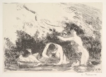 Bañistas a la sombra de bancos arbolados