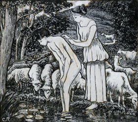 Chloë lavando a Daphnis en un arroyo, estudio composicional para una ilustración, c. 1895