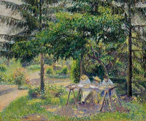 Niños en mesas en el jardín de Eragny - Pintura de Camille Pissaro (1830-1903), óleo sobre lienzo (58x71 cm)