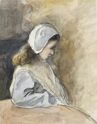 Jeanne-Rachel Pissarro sentada en una mesa, c. 1872