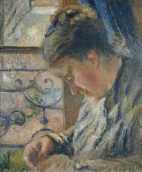 Mme Pissarro cosiendo junto a una ventana