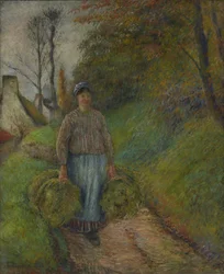 Campesina con dos fardos de heno