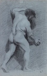 Estudio de un desnudo masculino posado contra una pared visto de perfil hacia la derecha, 1856-1860