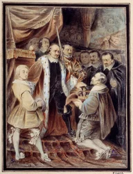 Olivier Cromwell (1599-1658) rechazando la corona El Lord Protector de la República de Gran Bretaña fue propuesto a la corona por la Humilde Petición y Avis (Nuevo Parlamento) en 1658. Acuarela de Camille Rogier (1810-1893) 1835 París, Maison Victor Hugo