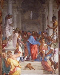 Adúltera ante Cristo, fresco de Camillo Boccaccino (1501-1546) en el presbiterio de la iglesia de San Sigismondo, Cremona, Italia