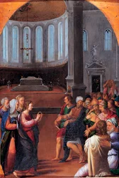 "Le christ parmi les docteurs" (Cristo entre los doctores) Pintura de Camillo Filippi (1500-1574) Óleo sobre madera 1550 Dim 47x33 cm Musei Capitolini, Roma