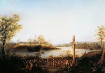 Jacques Cartier (1491-1557) erigiendo una cruz en Stadacona donde ahora se encuentra la ciudad de Quebec
