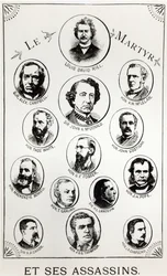 Louis Riel (1844-85) y sus asesinos, ilustración de Le Gibet de Regina, publicada en 1886