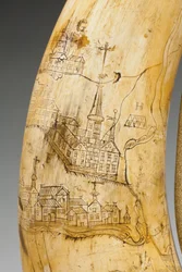 Cuerno de pólvora, grabado con un mapa del río San Lorenzo en el área de Quebec, c.1759