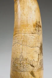 Cuerno de pólvora, grabado con un mapa del río San Lorenzo en el área de Quebec, c.1759