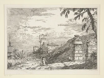 Paisaje con torre y dos pilares en ruinas, de la serie Vedute (Vistas)