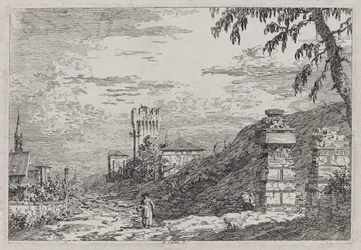 Paisaje con torre y dos pilares en ruinas, de la serie Vedute (Vistas)