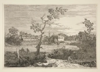 Vista de un pueblo a la orilla de un río, de la serie Vedute (Vistas)