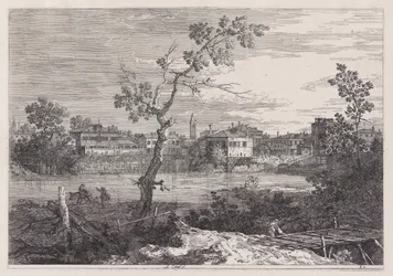 Vista de un pueblo a la orilla de un río, de la serie Vedute (Vistas)