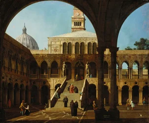 Canaletto - Capriccio Vista del Patio del Palacio Ducal con la Scala dei Giganti Firmado y fechado en 1744