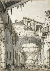 Capricho: Una calle cruzada por arcos (recto) Bocetos de puerta, escalera y segundo piso de edificio (verso)