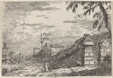 Paisaje con torre y dos pilares en ruinas
