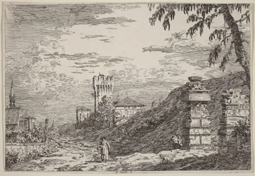 Paisaje con torre y dos columnas en ruinas