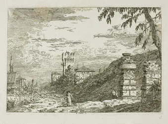 Paisaje con torre y dos pilares en ruinas, de Vedute