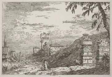 Paisaje con torre y dos columnas en ruinas [izquierda]