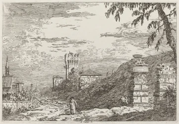 Paisaje con torre y dos pilares en ruinas [izquierda], c. 1735-1746