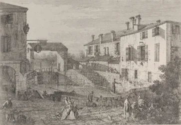 Le porte del Dolo: la cuenca ovalada de las esclusas en Dolo, con una barcaza amarrada al muelle..., 1735-46