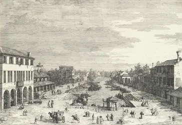 Vista de Mestre, una posada a la izquierda y otros edificios varios que bordean el canal, de 