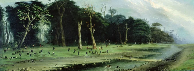 Soldados cortando ramas junto a un río (óleo sobre lienzo)